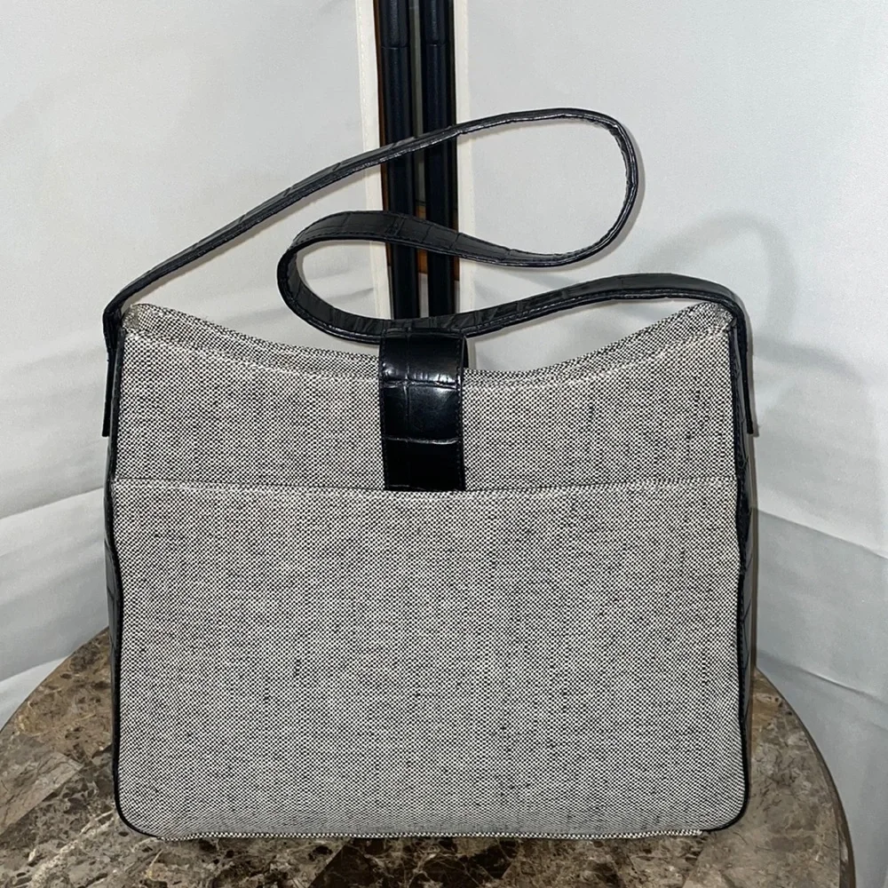 Canvas and Faux Black Croc Shoulder Bag 10”x10”